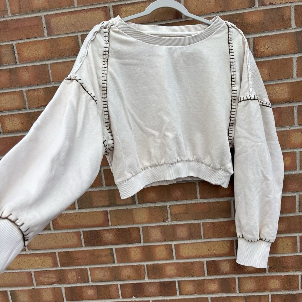 We The Free Sweatshirt Crewneck Cream Brown Stiches Womens Large Stains Flaws